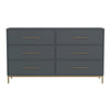 Max 60 Inch 6 Drawer Dresser, Mahogany Wood, Brass Metal Frame, Slate Gray