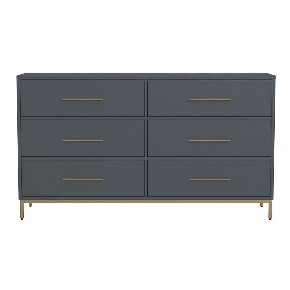 Max 60 Inch 6 Drawer Dresser, Mahogany Wood, Brass Metal Frame, Slate Gray