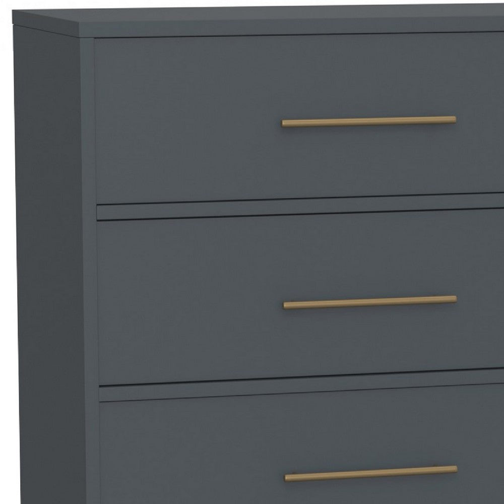 Max 60 Inch 6 Drawer Dresser, Mahogany Wood, Brass Metal Frame, Slate Gray