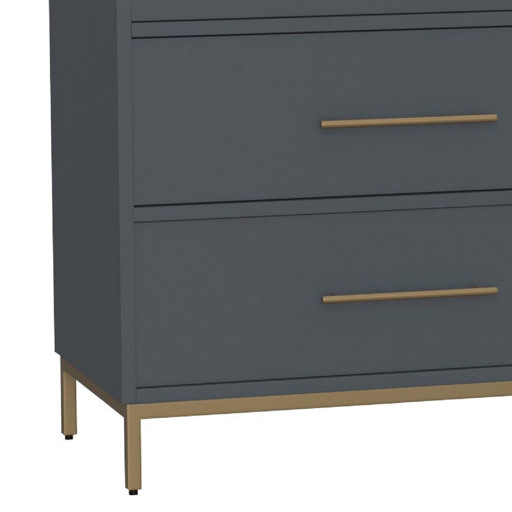 Max 60 Inch 6 Drawer Dresser, Mahogany Wood, Brass Metal Frame, Slate Gray