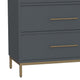 Max 60 Inch 6 Drawer Dresser, Mahogany Wood, Brass Metal Frame, Slate Gray