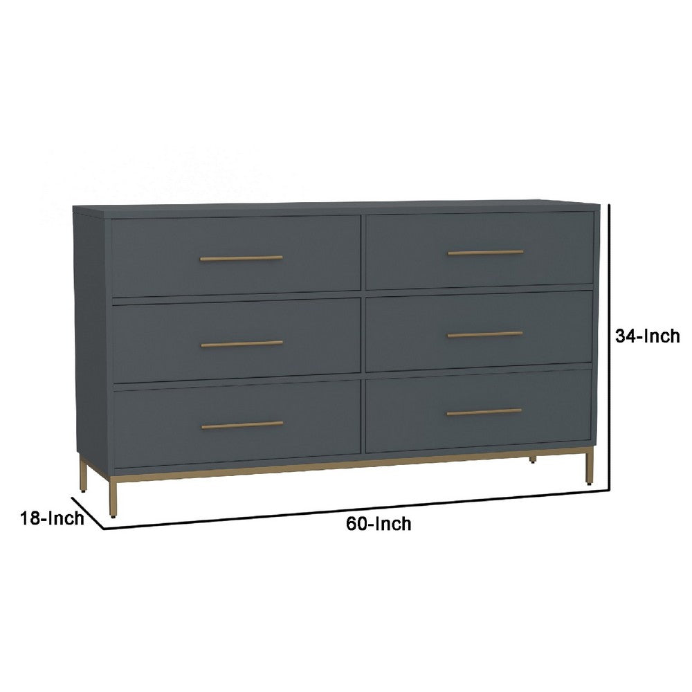 Max 60 Inch 6 Drawer Dresser, Mahogany Wood, Brass Metal Frame, Slate Gray