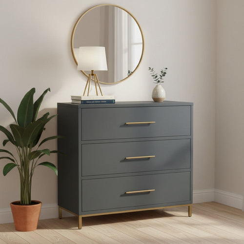 Max Small Dresser Chest | 36" | 3 Drawers | Brass Metal Frame | Slate Gray