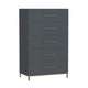 Max 48 Inch 5 Drawer Tall Dresser Chest, Brass Metal Frame, Slate Gray