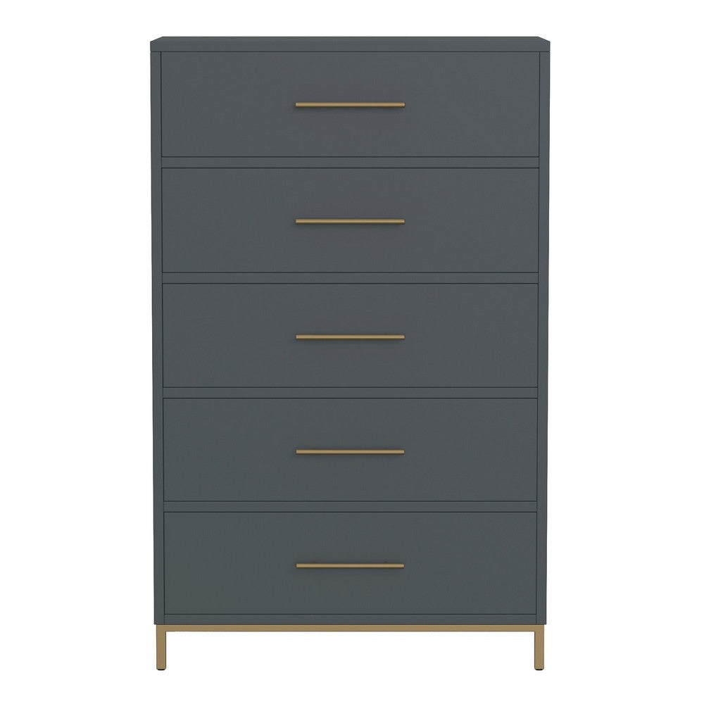 Max 48 Inch 5 Drawer Tall Dresser Chest, Brass Metal Frame, Slate Gray