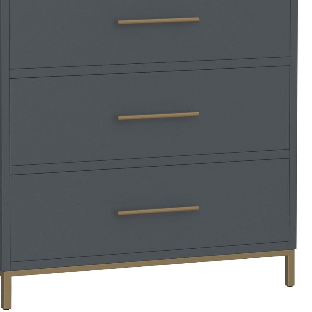 Max 48 Inch 5 Drawer Tall Dresser Chest, Brass Metal Frame, Slate Gray