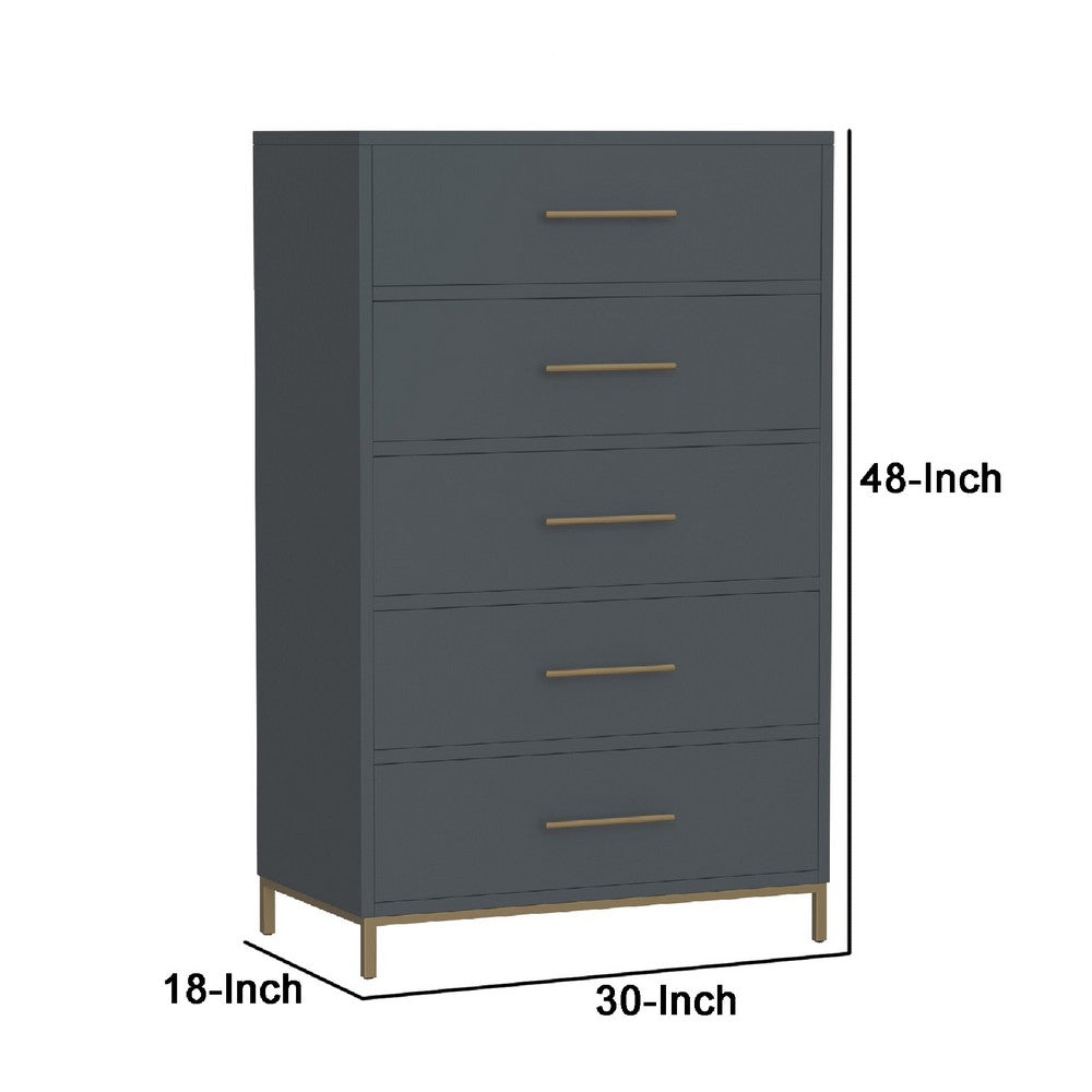 Max 48 Inch 5 Drawer Tall Dresser Chest, Brass Metal Frame, Slate Gray
