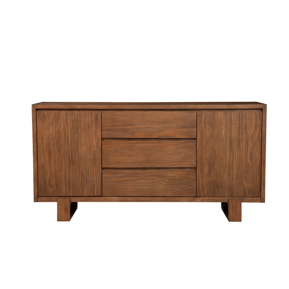 Paige 68 Inch Sideboard Buffet Cabinet Console, 3 Drawers, 2 Doors, Brown