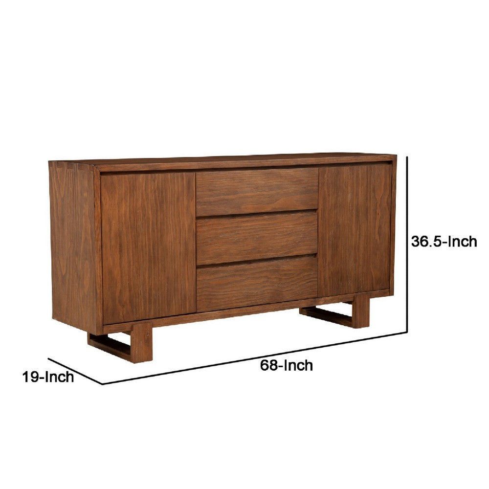 Paige 68 Inch Sideboard Buffet Cabinet Console, 3 Drawers, 2 Doors, Brown