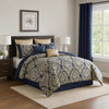 Nova Queen Comforter Set | 9 Piece | Polyester | Gold Damask Print | Navy Blue