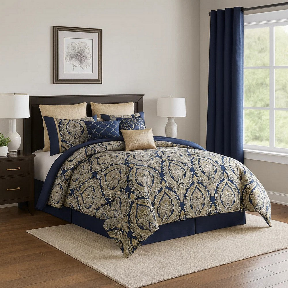 Nova Queen Comforter Set | 9 Piece | Polyester | Gold Damask Print | Navy Blue
