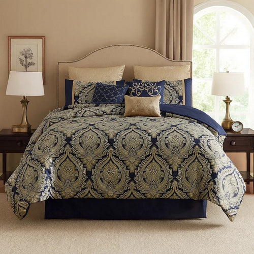 Nova Queen Comforter Set | 9 Piece | Polyester | Gold Damask Print | Navy Blue
