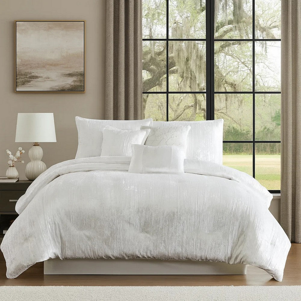Jay Queen Comforter Set | 7 Piece | White Polyester Velvet Deluxe Texture