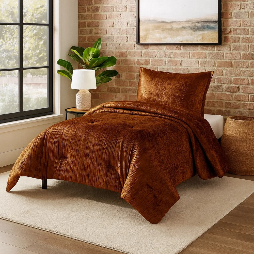 Jay Twin Comforter Set | 2 Piece | Copper Polyester Velvet Deluxe Texture