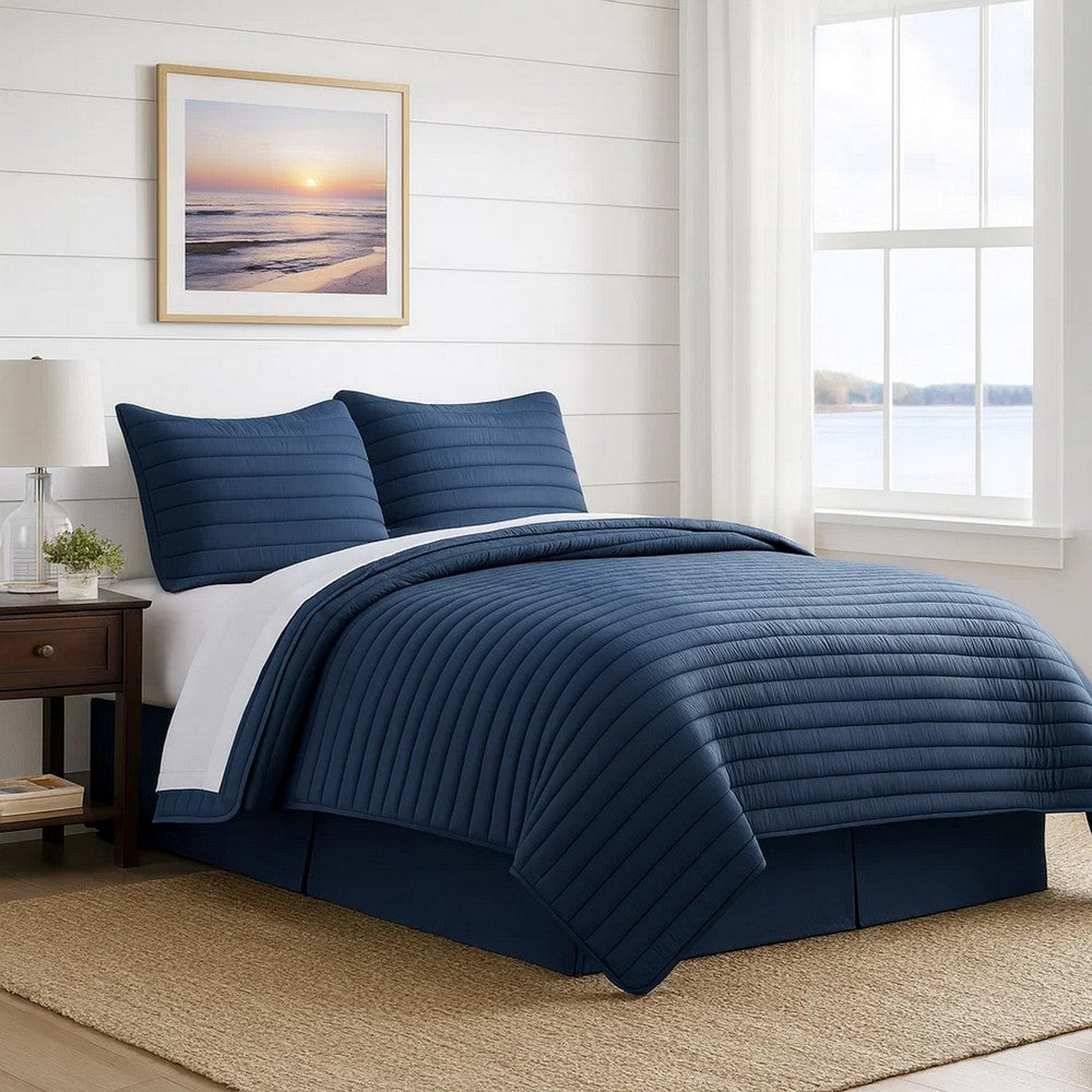 Cabe Queen Comforter Set | 3 Piece | Polyester Puffer Channel Quilt | Navy Blue