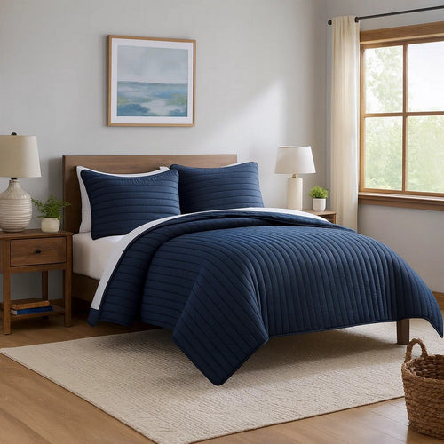 Cabe Queen Comforter Set | 3 Piece | Polyester Puffer Channel Quilt | Navy Blue