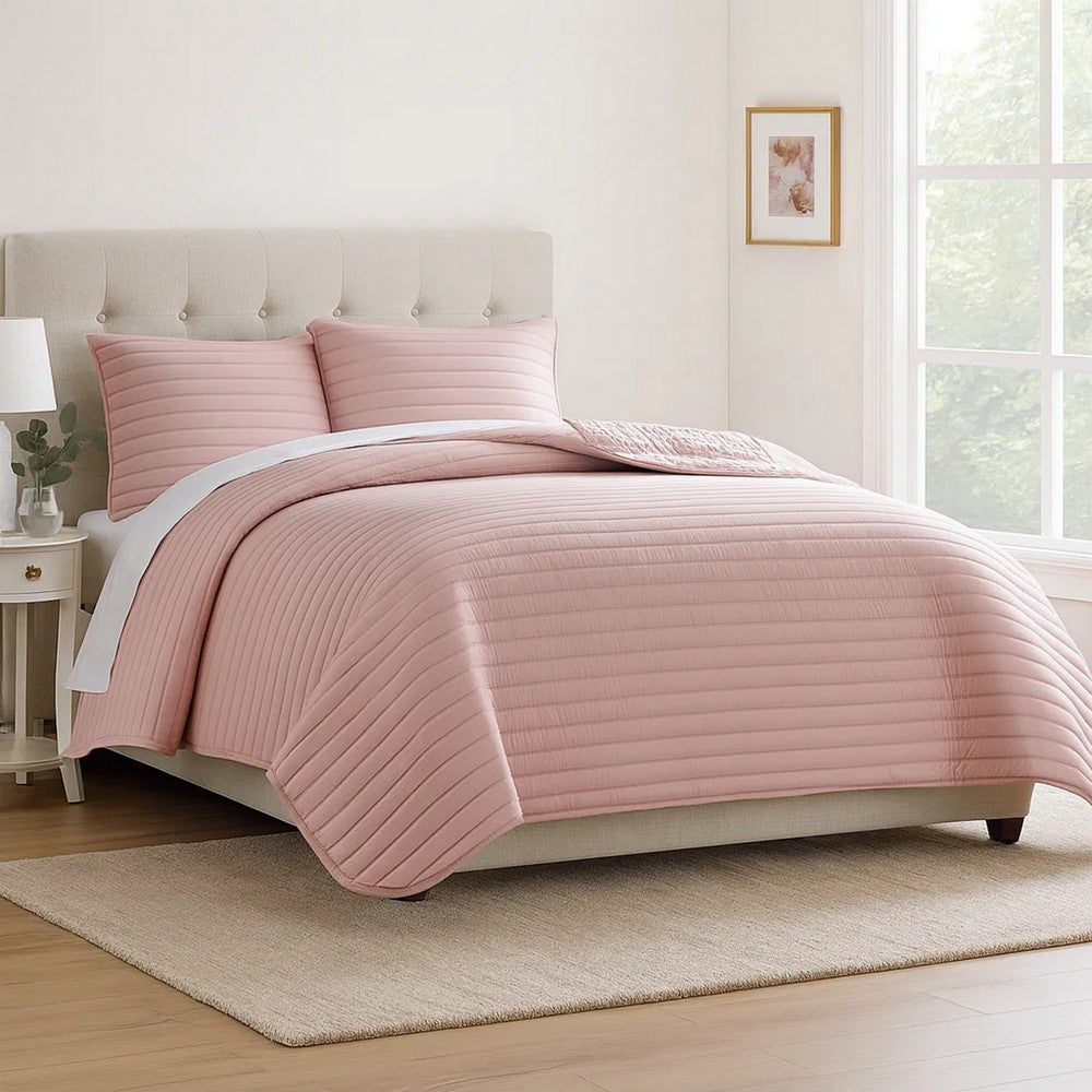 Cabe Queen Comforter Set | 3 Piece | Polyester Puffer Channel Quilt | Rose Pink