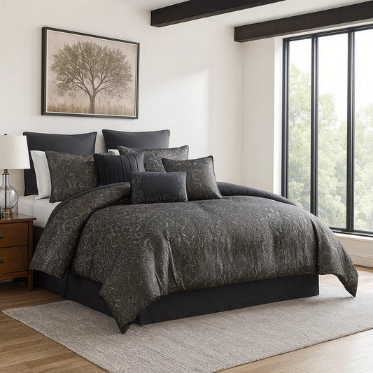 Pixie Queen Comforter Set | 9 Piece | Polyester | Damask Pattern | Charcoal Gray