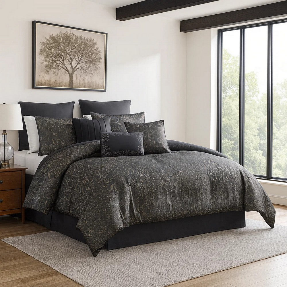 Pixie Queen Comforter Set | 9 Piece | Polyester | Damask Pattern | Charcoal Gray