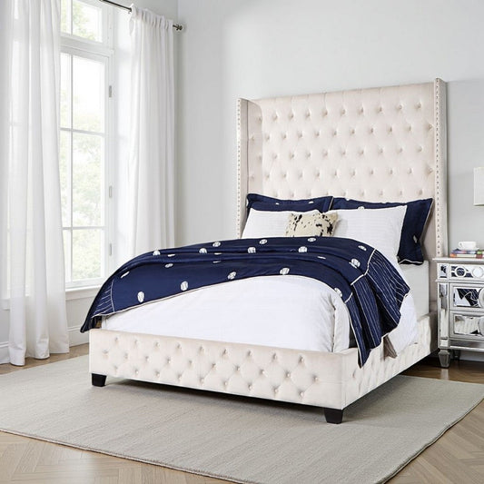 Daisy Wood Modern Queen Size Bed, Wingback, Button Tufted, Beige Velvet