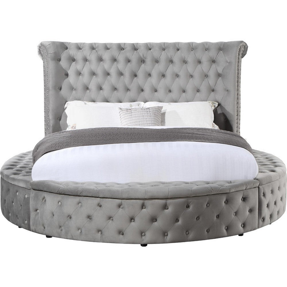 Modern Wood King Size Bed Button Tufted Bedside Bench with Storage Gray BM284015