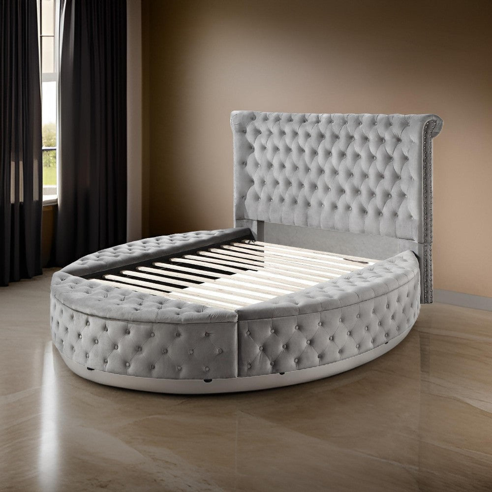 Modern Wood King Size Bed, Button Tufted, Bedside Bench with Storage, Gray