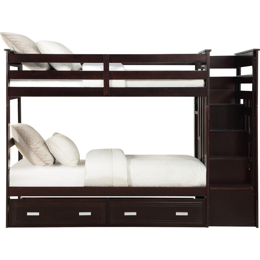 Classic Wood Twin Bunk Bed with Trundle Storage Ladder 5 Drawers Brown BM284016