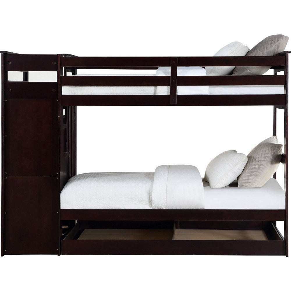 Classic Wood Twin Bunk Bed with Trundle Storage Ladder 5 Drawers Brown BM284016