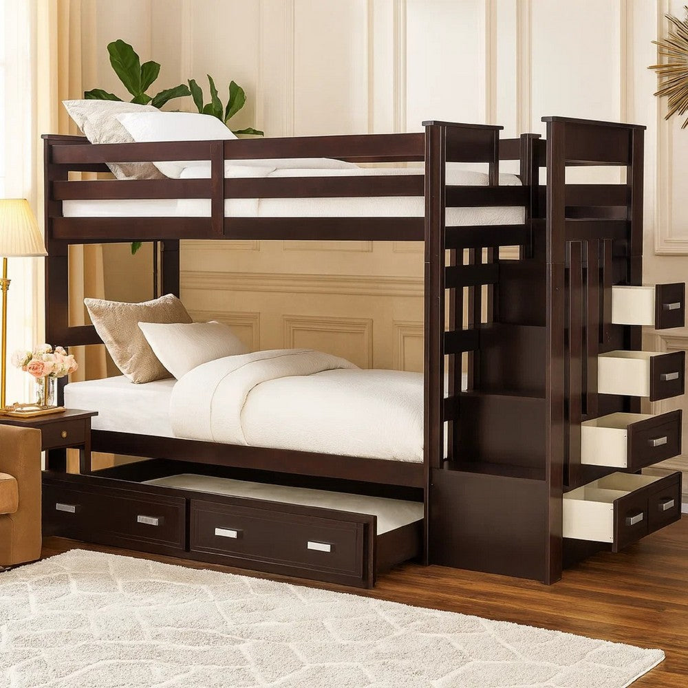 Classic Wood Twin Bunk Bed with Trundle, Storage Ladder, 5 Drawers,  Brown