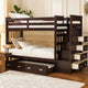Classic Wood Twin Bunk Bed with Trundle, Storage Ladder, 5 Drawers,  Brown