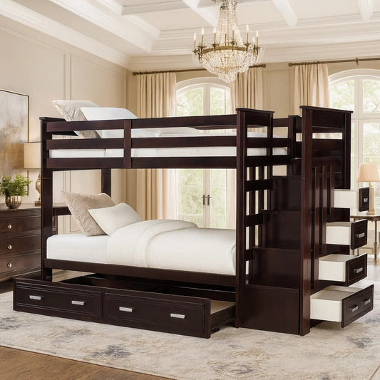 Classic Wood Twin Bunk Bed with Trundle, Storage Ladder, 5 Drawers,  Brown