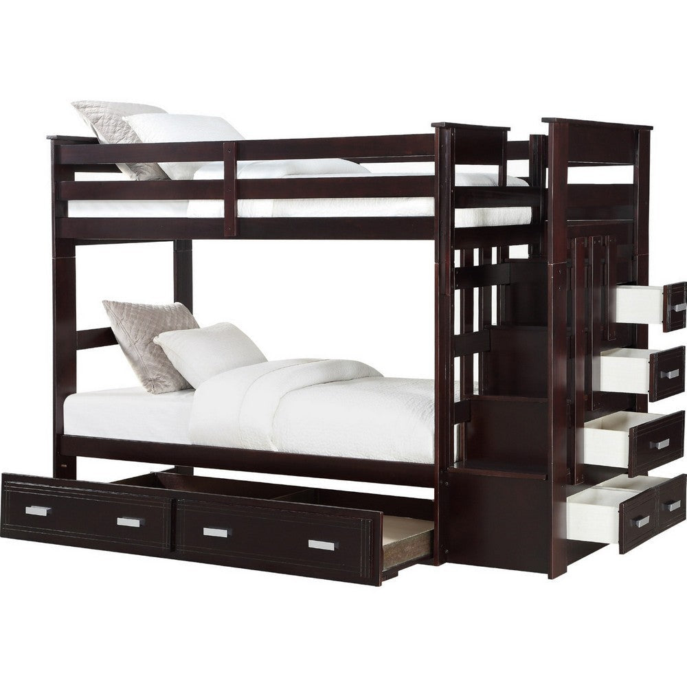Classic Wood Twin Bunk Bed with Trundle, Storage Ladder, 5 Drawers,  Brown