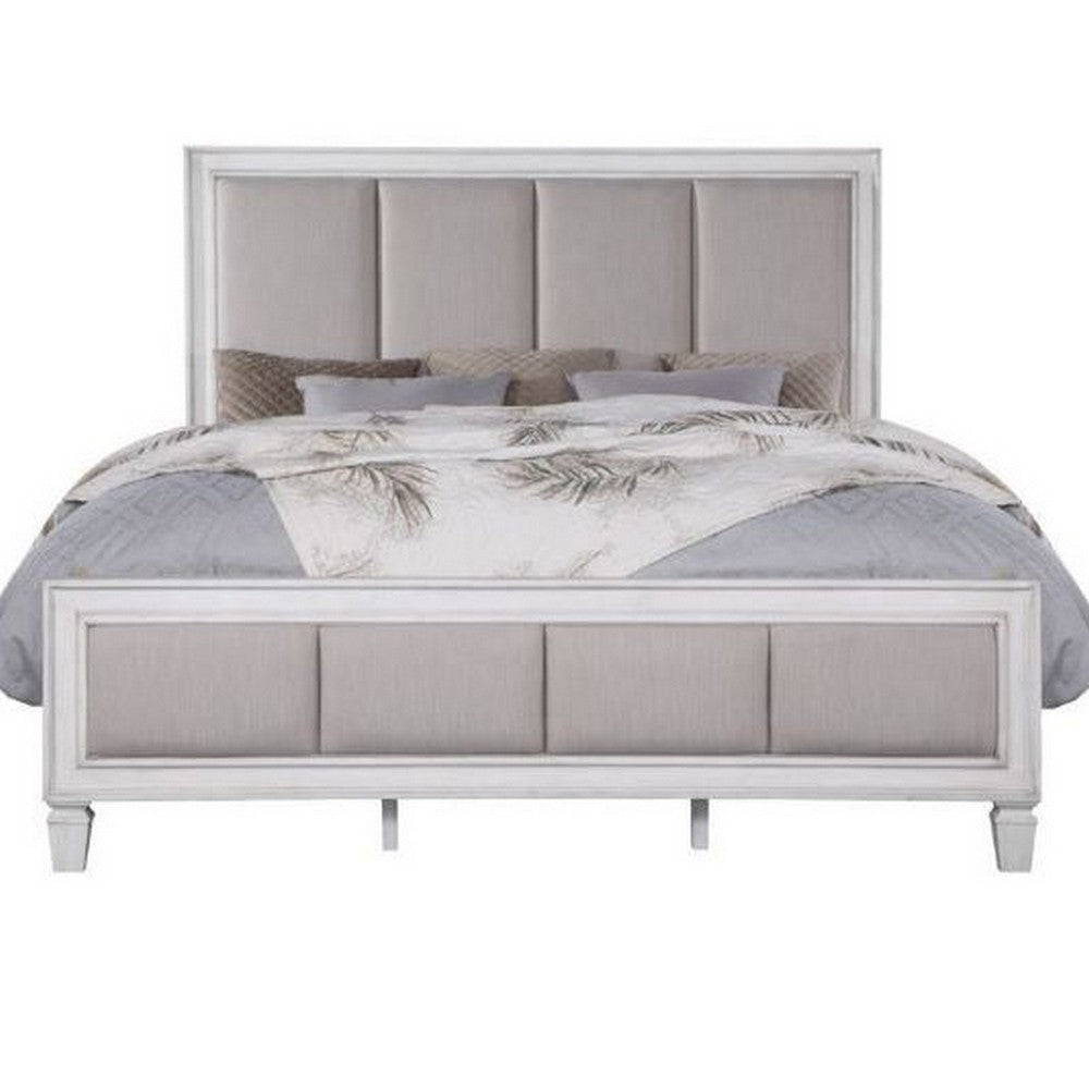 Kate Modern King Size Bed ChannelTufted Gray Fabric White Wood Frame BM284019