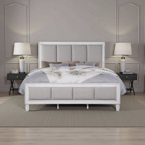 Kate Modern King Size Bed, ChannelTufted, Gray Fabric, White Wood Frame