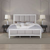 Kate Modern King Size Bed, ChannelTufted, Gray Fabric, White Wood Frame