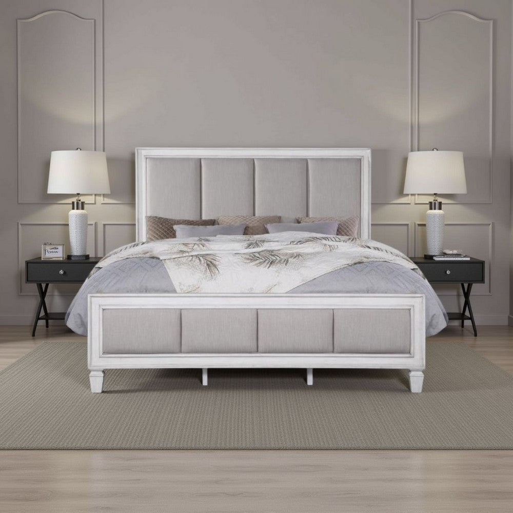 Kate Modern King Size Bed, ChannelTufted, Gray Fabric, White Wood Frame