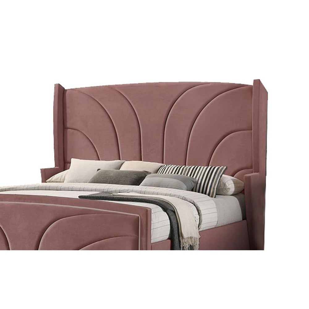 Kerith Modern Wood King Size Bed Wingback Frame Pink Velvet Chrome Legs