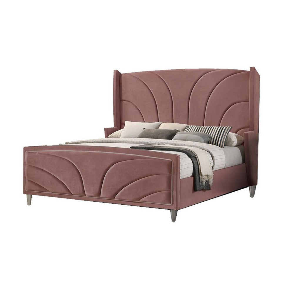 Kerith Modern Wood King Size Bed, Wingback Frame, Pink Velvet, Chrome Legs