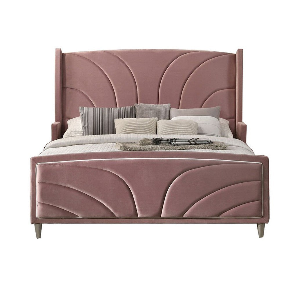 Kerith Modern Wood Queen Size Bed Wingback Frame Pink Velvet Chrome Legs