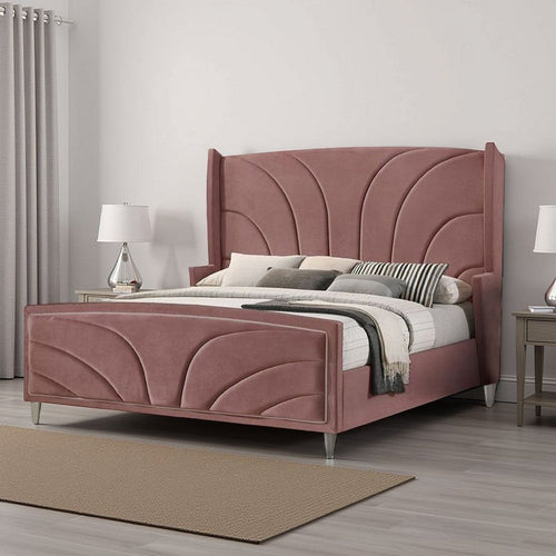 Kerith Modern Wood Queen Size Bed, Wingback Frame, Pink Velvet, Chrome Legs