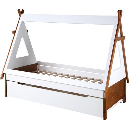 Teo Wood Twin Bed, House Shaped Bed Frame, Slat System, Brown, White