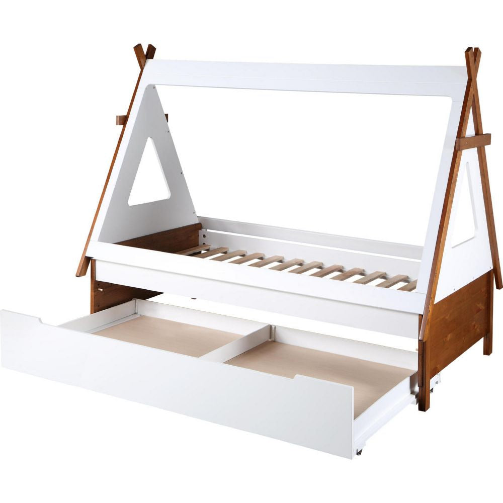 Teo Wood Twin Bed House Shaped Bed Frame Slat System Brown White BM284029
