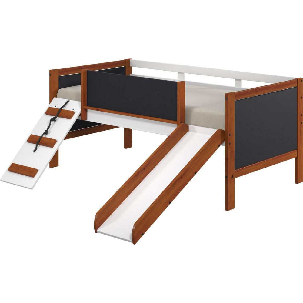Classic Wood Twin Loft Bed with Slide Blackboard on Rails Brown White BM284033