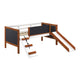 Classic Wood Twin Loft Bed with Slide, Blackboard on Rails, Brown, White