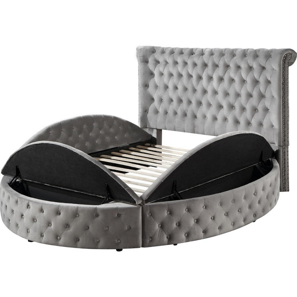 Luxury Queen Bed Tall Rolled Headboard Velvet Upholstered Storage Gray BM284035