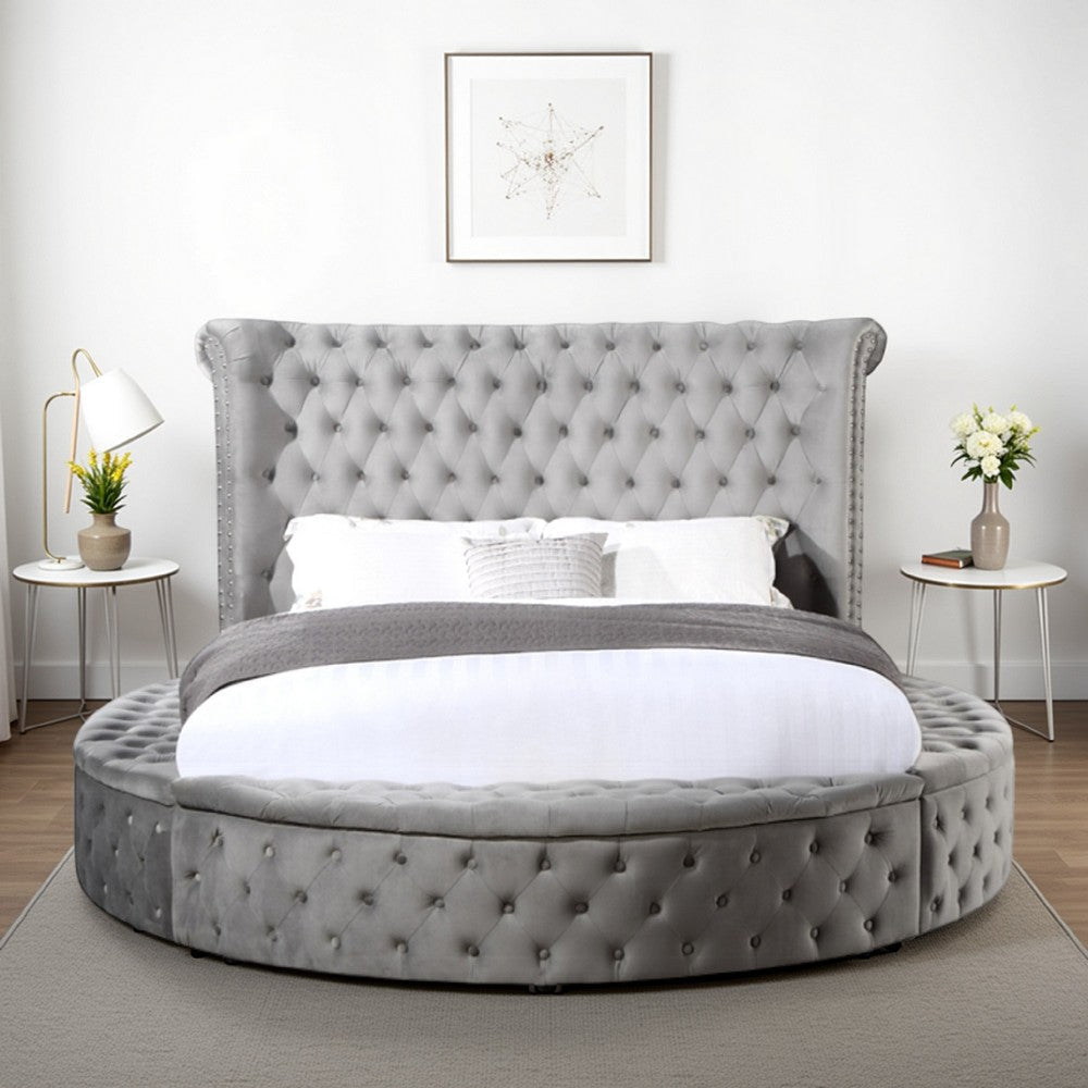 Luxury Queen Bed, Tall Rolled Headboard, Velvet Upholstered, Storage, Gray