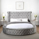 Luxury Queen Bed, Tall Rolled Headboard, Velvet Upholstered, Storage, Gray