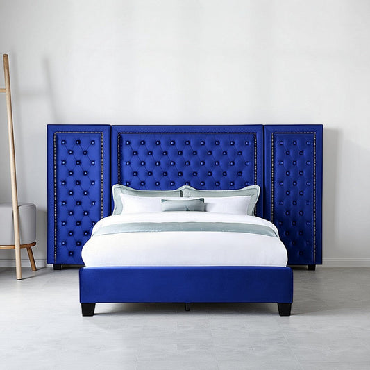 Cleo King Size Bed, Velvet, XL 3 Panel Headboard, Crystal Tufted, Blue