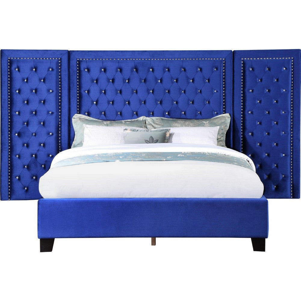 Cleo Queen Bed Velvet XL 3 Panel Tall Headboard Crystal Tufted Blue