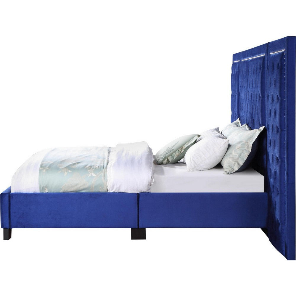 Cleo Queen Bed Velvet XL 3 Panel Tall Headboard Crystal Tufted Blue